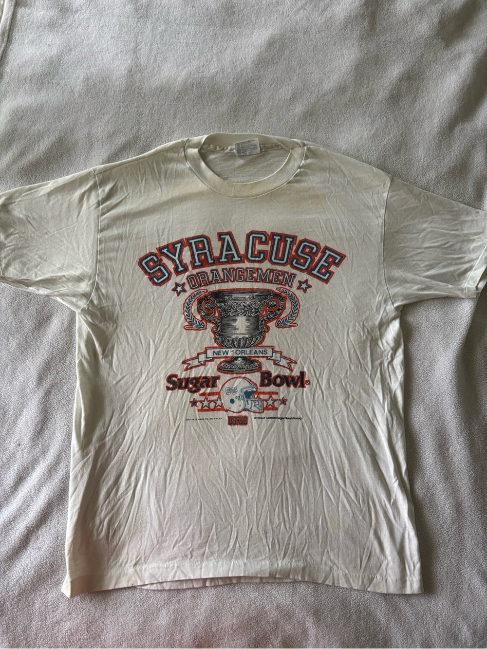 Vintage 1988 Syracuse Orangemen White Graphic Sugar Bowl T-Shirt